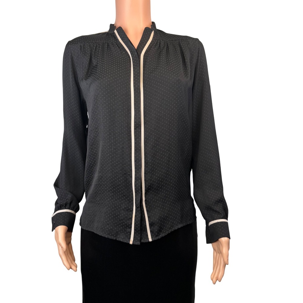 AllSaints Riga Shirt Black Jacquard Dot Cream Piping Blouse Minimalist Small